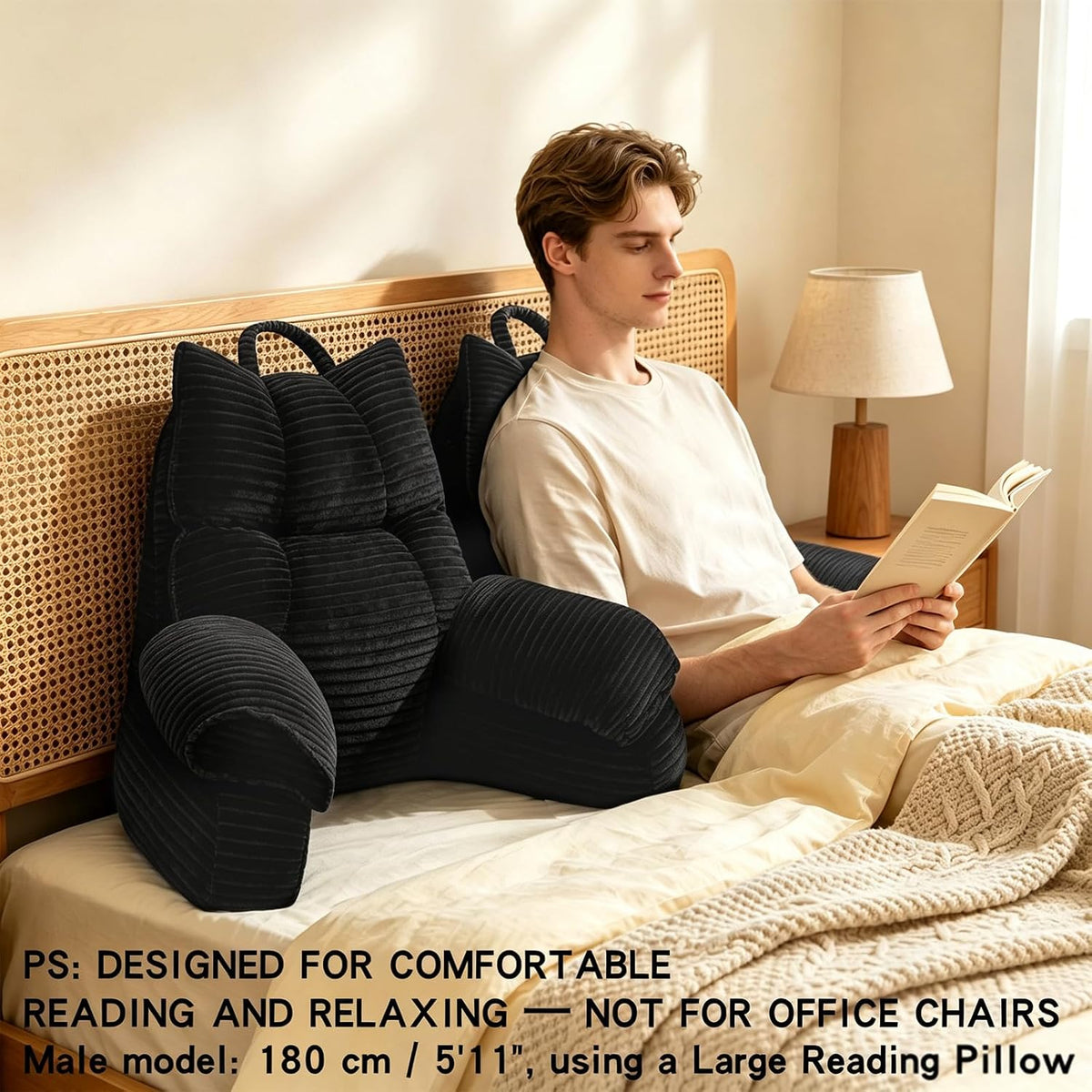 Reading Pillow for Bed with Arms, Back Support, Memory Foam（Grey Black）