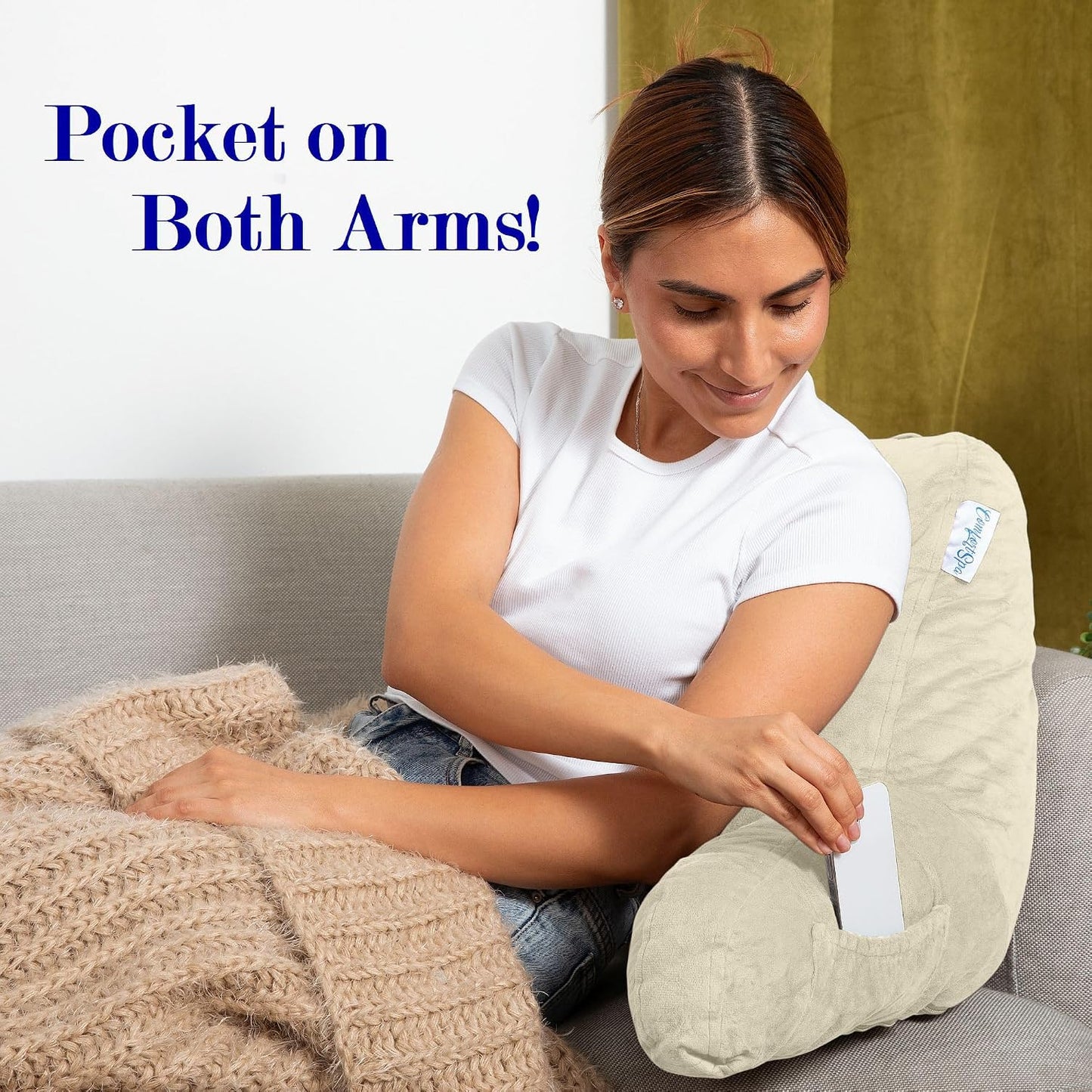 Reading Pillow for Bed with Arms Pockets for Adults, Large Grey | Bed Pillow for Sitting Up for Nursing, Breast Feeding, Bedrest or Relief from GERD or Heartburn; Removable, Washable Cover