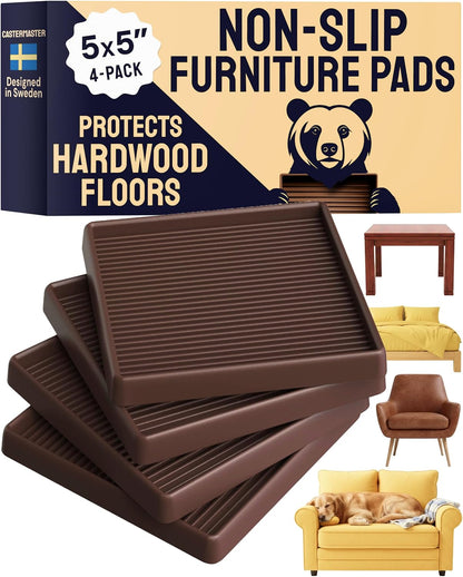 Non-Slip Furniture Pads - 4x4 in Brown, 4 Pack | Square rubber caster cups - anti-skid - Use for heavy sofas, beds & chairs on hardwood floors