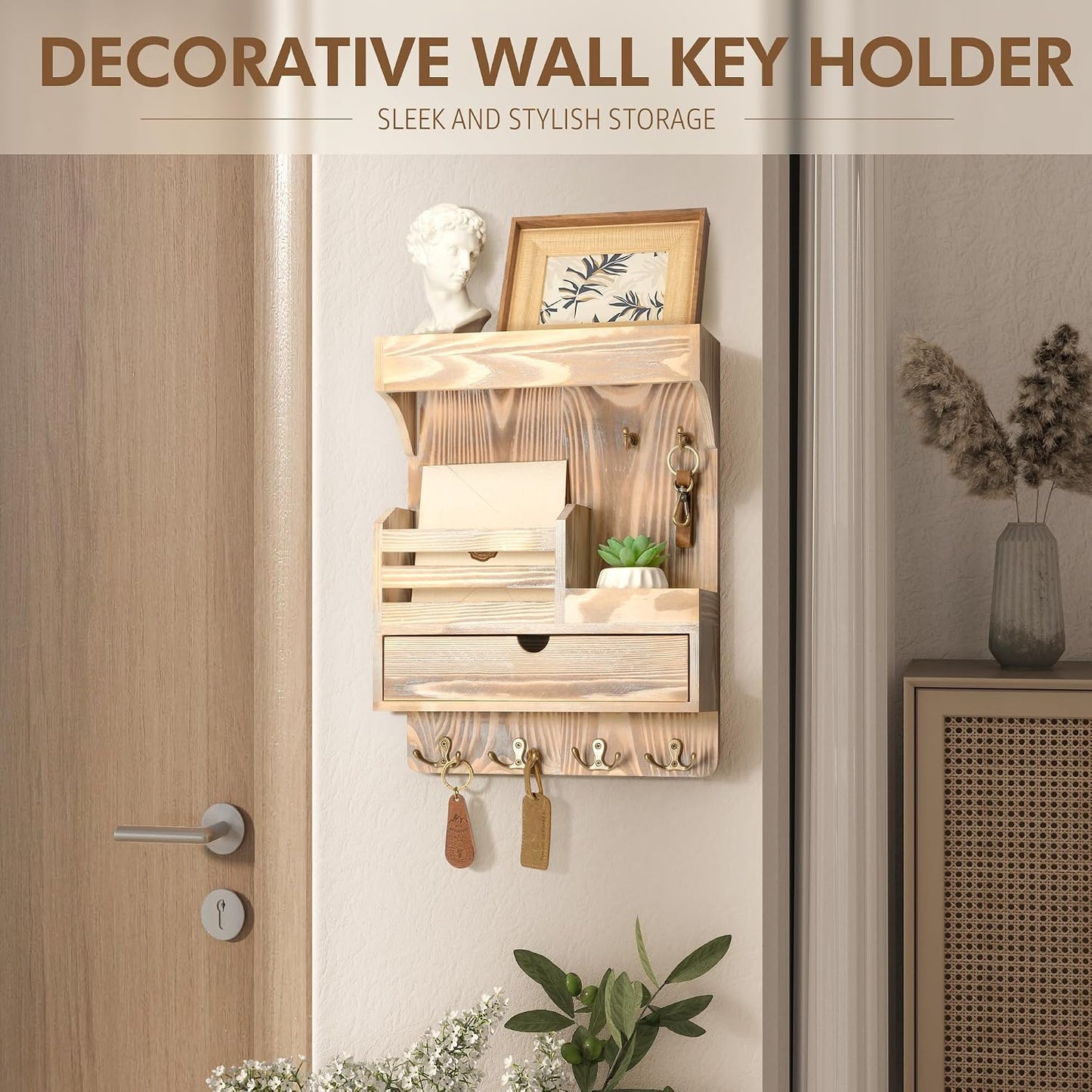 Rebee Vision Key Holder Wall Mount with Drawer Organizer for Entryway,Brown | Pine Wood, 6 Key Hooks, Display Shelf for Plants, Mail Slot for Storage Letter, Multi-Funtional Design, Home Storage