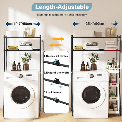 Laundry Room Storage Shelf & Organizer, 2 Tier Metal Over Washer and Dryer Shelves, Washing Machine Shelf with Hanger Rod, Expandable Bathroom Space Saver Shelf, 26–37" L x 15.8" W x 59.5" H, Black