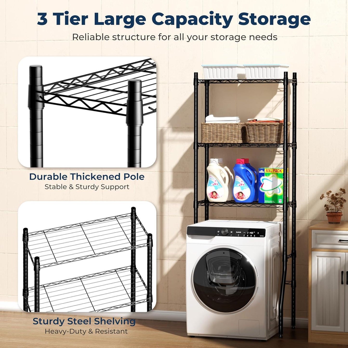 Laundry Room Storage Shelf & Organizer, 2 Tier Metal Over Washer and Dryer Shelves, Washing Machine Shelf with Hanger Rod, Expandable Bathroom Space Saver Shelf, 26–37" L x 15.8" W x 59.5" H, Black