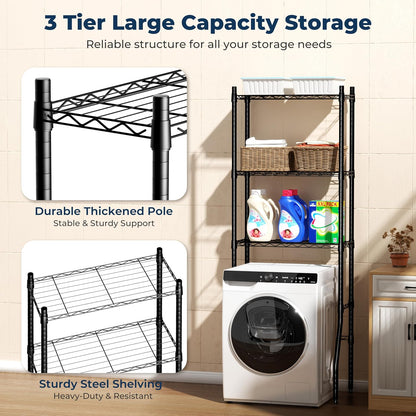 Laundry Room Storage Shelf & Organizer, 2 Tier Metal Over Washer and Dryer Shelves, Washing Machine Shelf with Hanger Rod, Expandable Bathroom Space Saver Shelf, 26–37" L x 15.8" W x 59.5" H, Black
