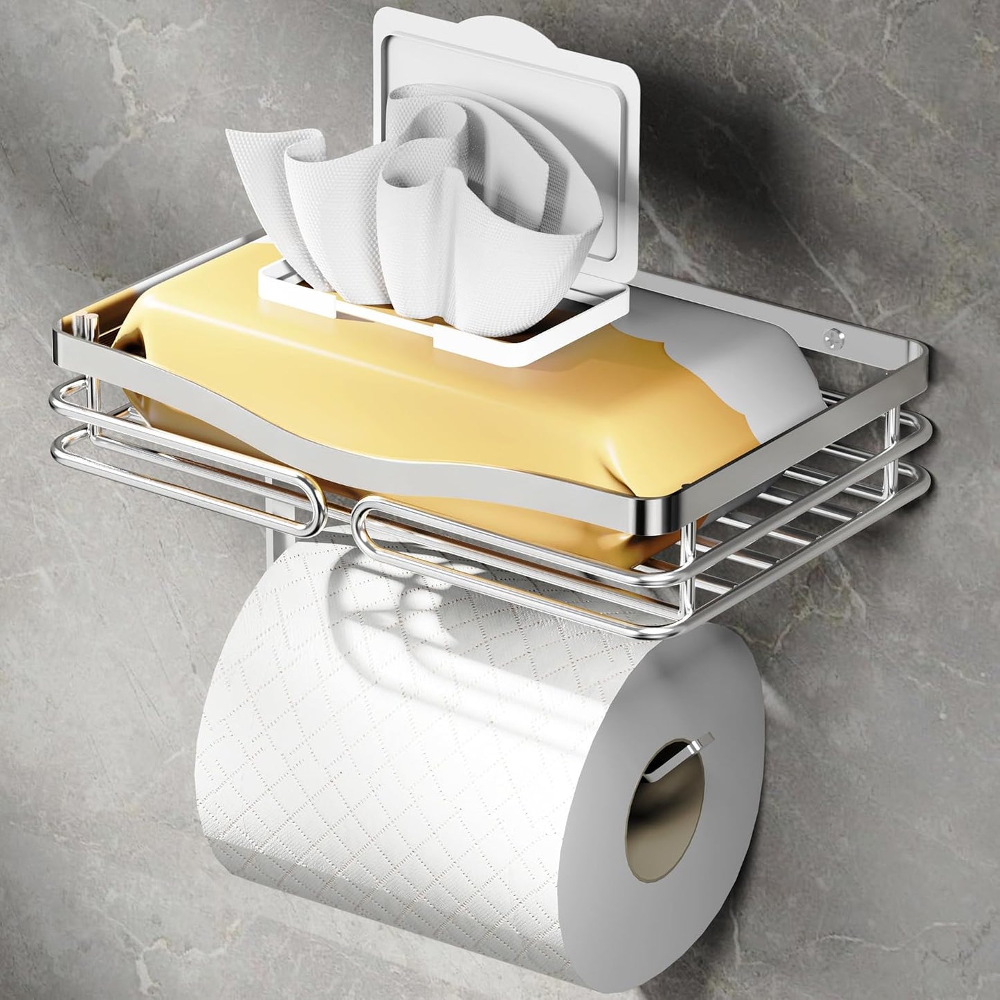 YIGII Toilet Paper Holder with Shelf, Adhesive or Drilling Toilet Paper Roll Holder for Bathroom, Rustproof Tissue Roll Holder Wall Mounted for Wipe Storage (Silver)