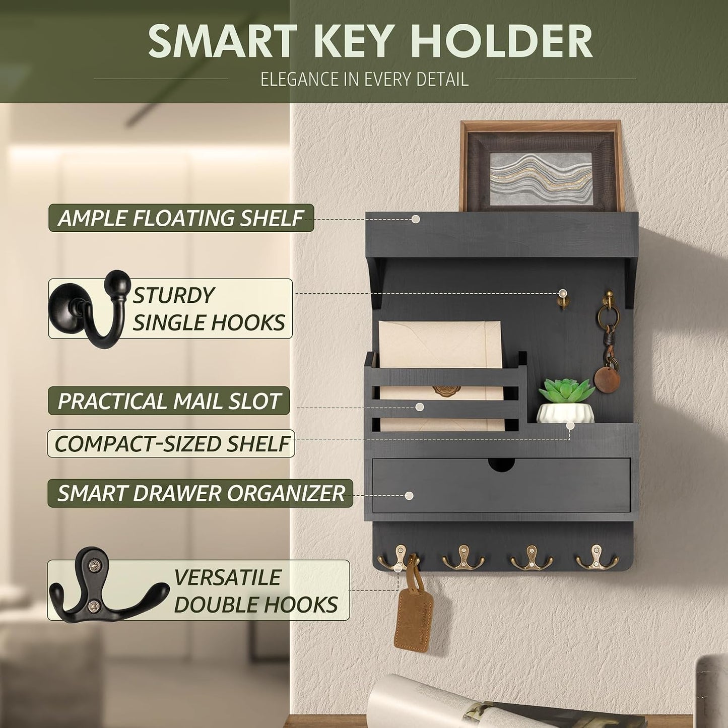 Rebee Vision Key Holder Wall Mount with Drawer Organizer for Entryway,Brown | Pine Wood, 6 Key Hooks, Display Shelf for Plants, Mail Slot for Storage Letter, Multi-Funtional Design, Home Storage