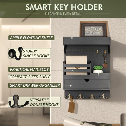 Rebee Vision Key Holder Wall Mount with Drawer Organizer for Entryway,Brown | Pine Wood, 6 Key Hooks, Display Shelf for Plants, Mail Slot for Storage Letter, Multi-Funtional Design, Home Storage