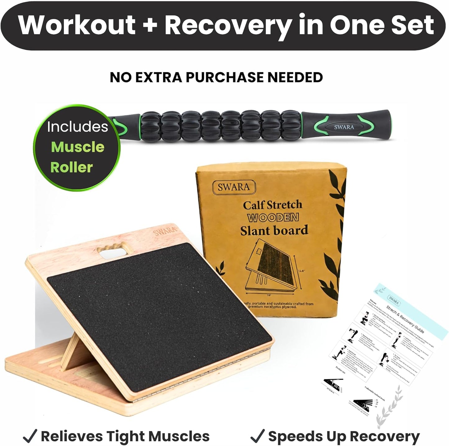 Swara 17″ Wide Wooden Slant Board for Calf Stretching & Squats, Foldable | Adjustable Calf Stretcher with Thicker Base, Foldable Wide Slant Board, Exercise Guide, Free Muscle Roller and 400lb Capacity