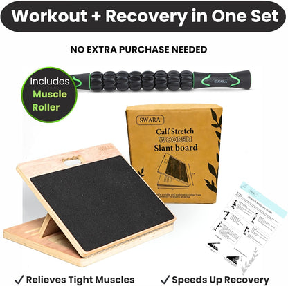 Swara 17″ Wide Wooden Slant Board for Calf Stretching & Squats, Foldable | Adjustable Calf Stretcher with Thicker Base, Foldable Wide Slant Board, Exercise Guide, Free Muscle Roller and 400lb Capacity