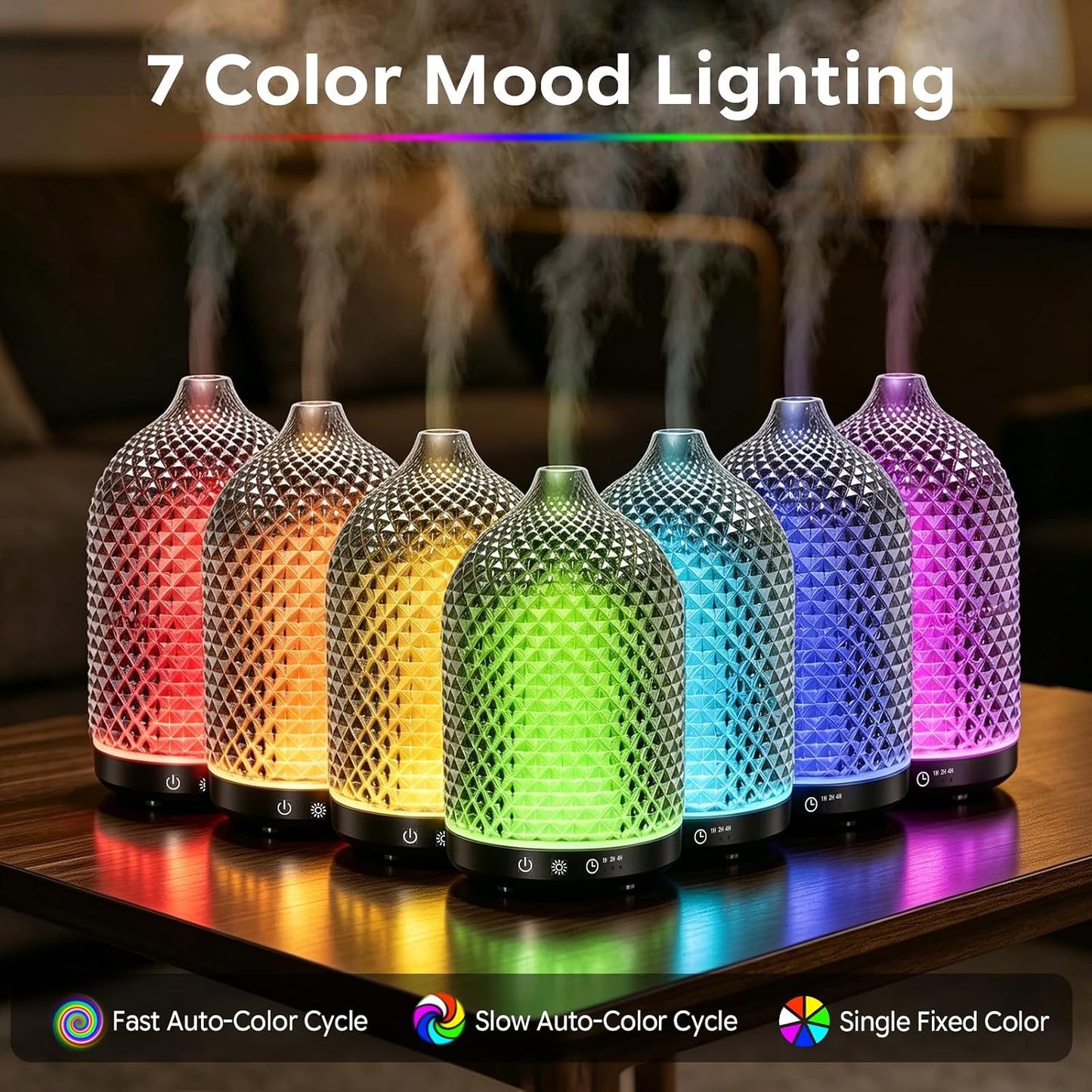 Essential Oil Diffuser 150ml, Glass Diffuser with Ultrasonic Small Humidifier, 7 Color Lights, 1/2/4H Timer, Quiet Auto Shut-Off Oil Diffuser for Bedroom, Home, Office (Silvery)