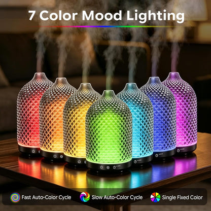 Essential Oil Diffuser 150ml, Glass Diffuser with Ultrasonic Small Humidifier, 7 Color Lights, 1/2/4H Timer, Quiet Auto Shut-Off Oil Diffuser for Bedroom, Home, Office (Silvery)