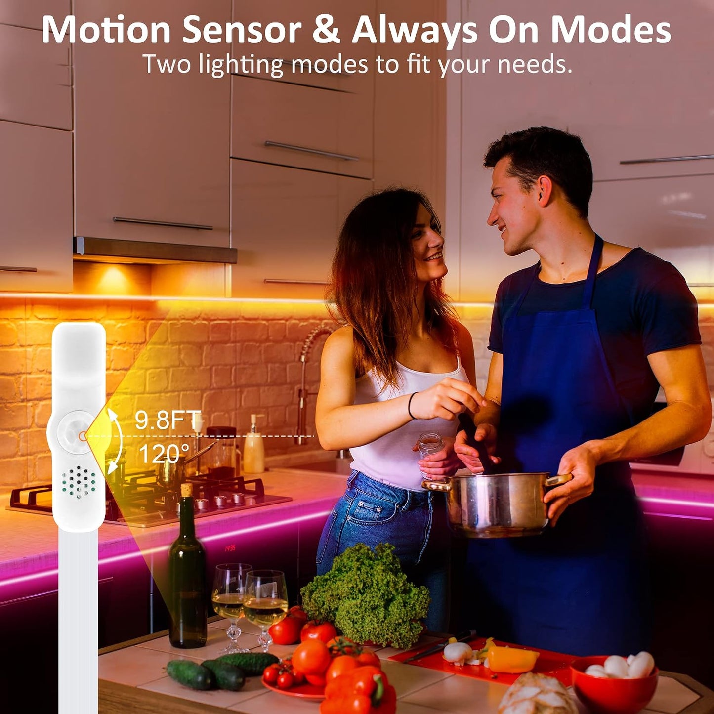 maylit 8 PCS Motion Sensor RGB Under Cabinet Lights Kit, App and Remote Control Led Strip Lights, Music Sync Color Changing Led Lights with Power Adapter, for Cabinet, Counter, Shelf, Bookcase, 13ft | App and Remote Control Led Strip Lights, Music Sync