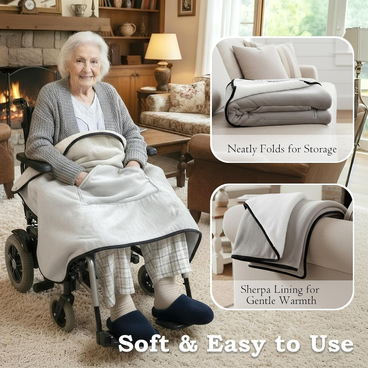 Wheelchair Lap Blanket for Seniors, 43" * 28" Soft Sherpa Lined Knee & Lap Cover, Warm Lightweight Throw with Snap Buttons, Cozy Comfort for Elderly & Caregivers, Wine Red