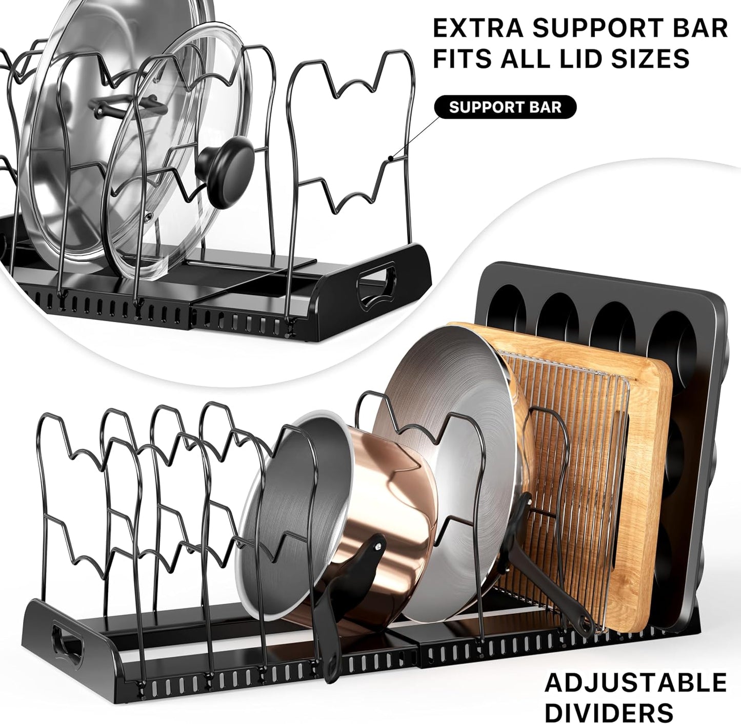 Simple Houseware Expandable Pan Rack 10 Adjustable Compartments, White | Kitchen Cabinet Organizer for Pots, Pans, Lids & Bakeware - Pantry & Countertop Storage