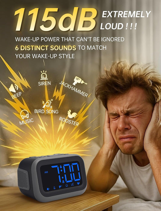 Acedeck Super Loud Alarm Clock: 115dB Wake-Up Power | Dual Alarms and 6 Alarm Sounds for Heavy Sleepers Adults and Shift Workers - Bedroom and Daily Wake-Up Use (White Digits)