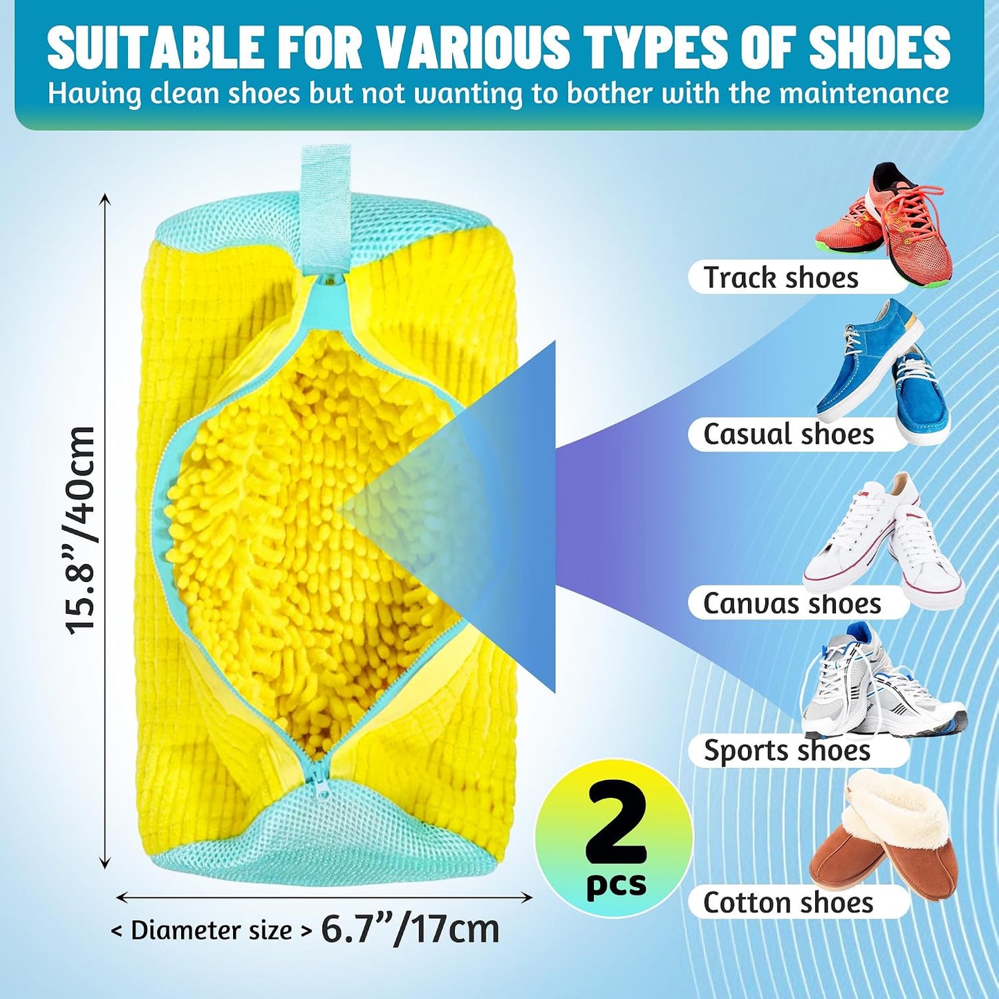 Set of 2 Reusable Shoe Laundry Bags, 360° Deep Clean, Noise-Reducing Sneaker Washing Bags for Machine Wash, Protect Shoes & Washer Drum, Anti-Skid Zipper, Durable Chenille Interior