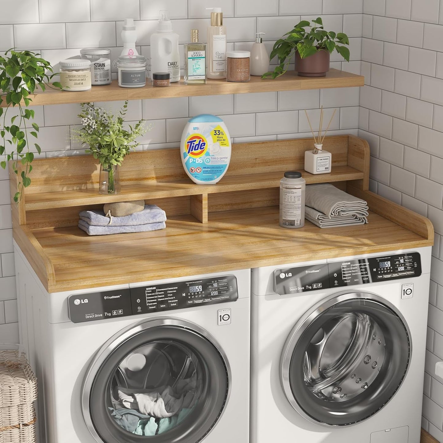 2-Tier Washer Dryer Countertop with 2.75" H Edge Rails, 54" W x 27.55" D Laundry Countertop for Folding Clothes, Washer and Dryer Topper with Non-Slip Pad (Dark Walnut)