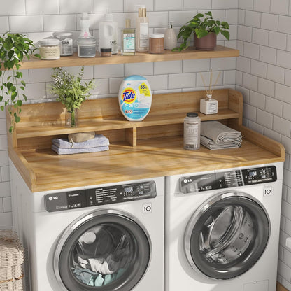 2-Tier Washer Dryer Countertop with 2.75" H Edge Rails, 54" W x 27.55" D Laundry Countertop for Folding Clothes, Washer and Dryer Topper with Non-Slip Pad (Dark Walnut)