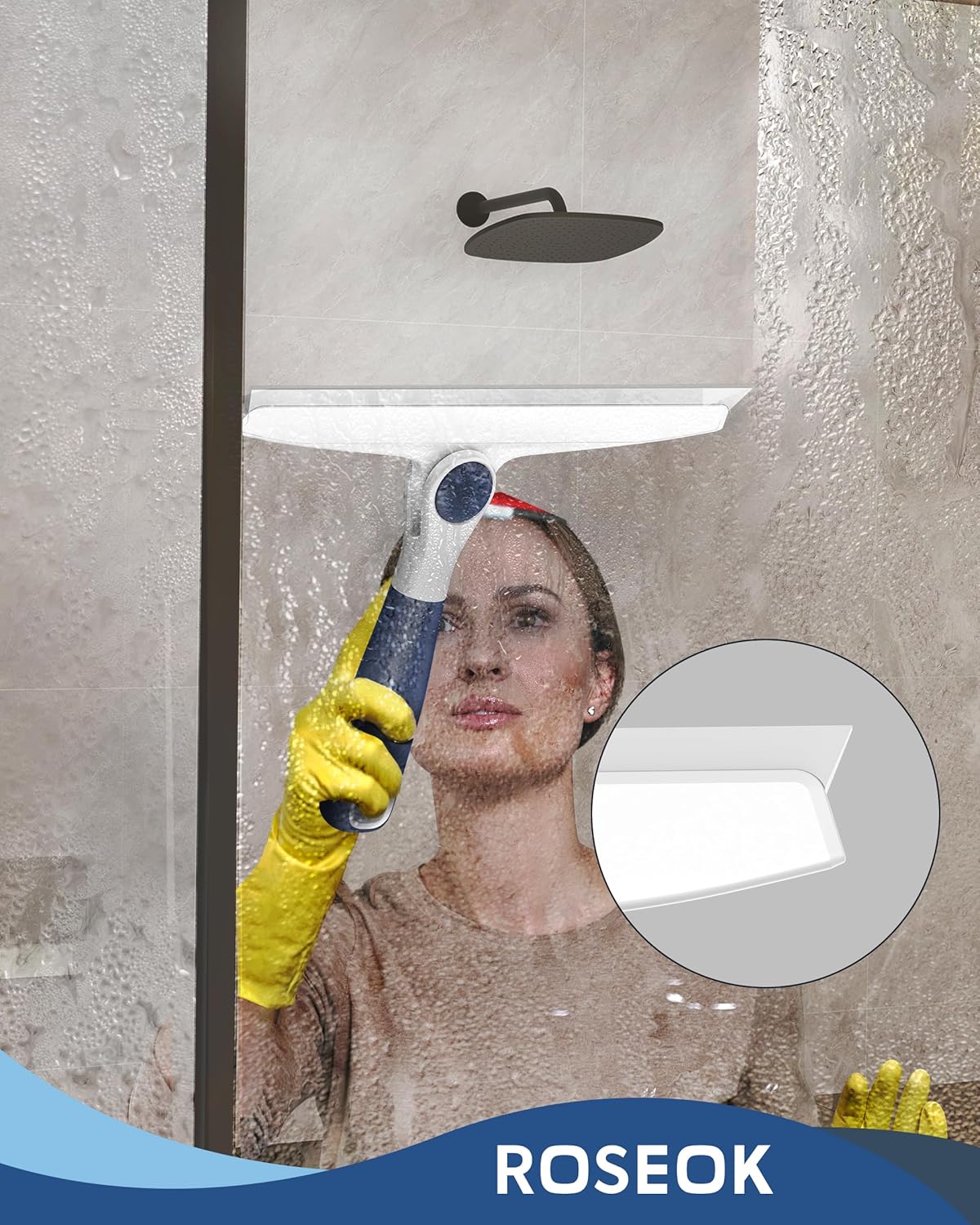 ROSEOK Shower Squeegee, Silicone Squeegee for Glass Doors with Hook | For Bathroom, Window, Mirror, Tile Wall, Pivoting Head, 10 Inch, Navy Blue, 1 Pack