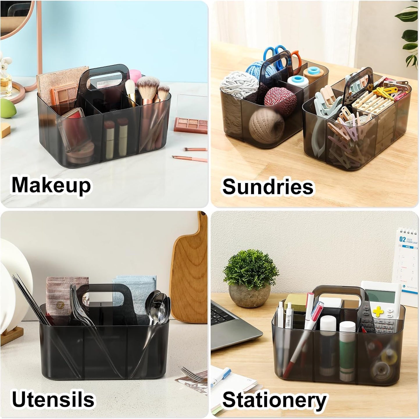 Multiuse Caddy Organizer with Handle, Portable Divided Plastic Tote Bin - Art Craft, Stationary Pen Marker Crayons, Makeup Hair Supplies Storage - Bathroom, Classroom, Dorm, Office, Desk Holder - Grey