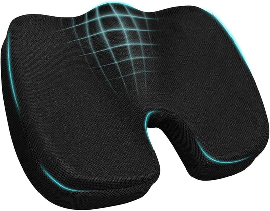 Ergonomic Seat Cushion with Memory Foam for Office Chair, Car Seat, Non-Slip Cushion, Sciatica & Tailbone Relief, Breathable Mesh Cover, Portable Handle - Black