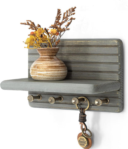 Rebee Vision Pine Wood Key Holder Wall Mount with Shelf for Entryway, Brown | 6 Key Hooks, Round Corner, Smooth&Hand-Friendly, Clear Wood Texture, Space-Saving Design, Organize Mail & Letter