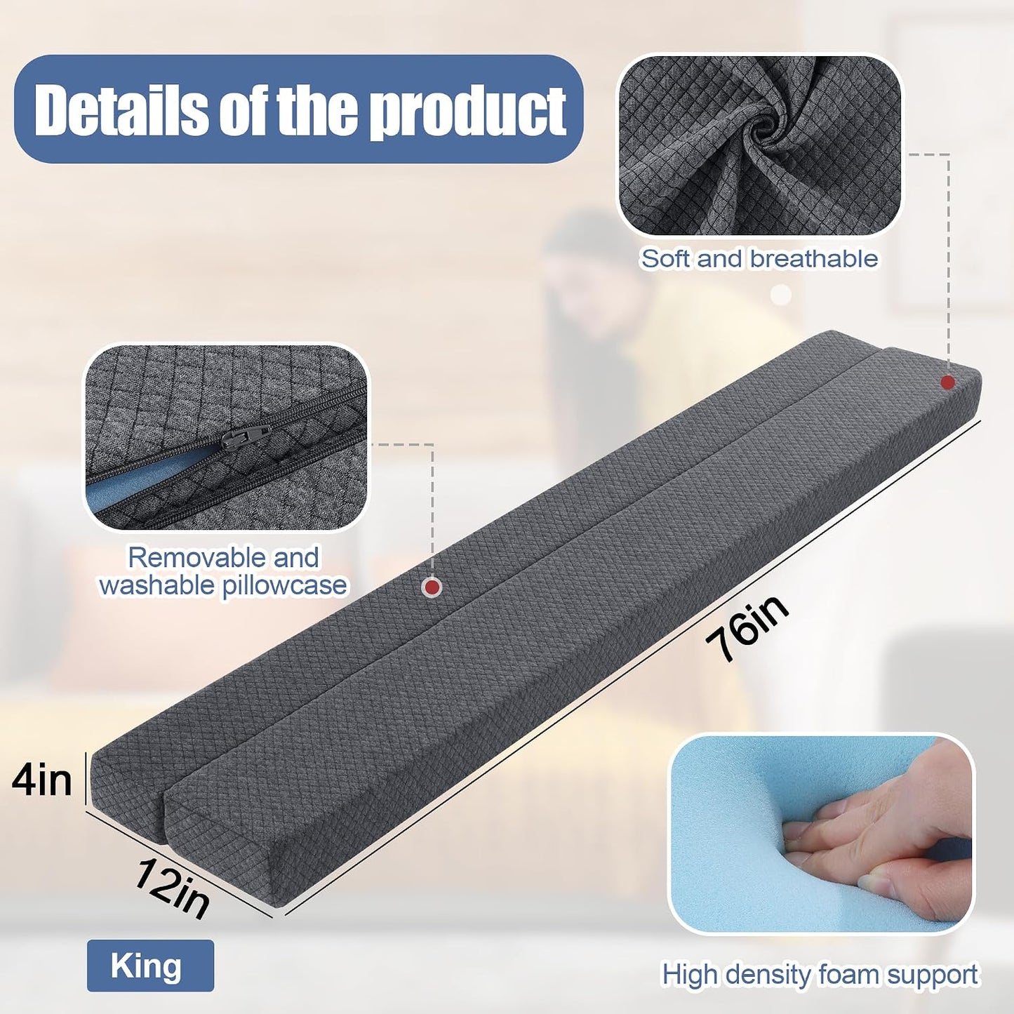 Flodable Pillow for Headboard Gap,Bed Gap Filler Queen Size,Adjustable Bed Wedge Pillow for Headboard,Rectangular Bed Gap Filler,Foam Mattress Gap Filler(Gray,Queen)