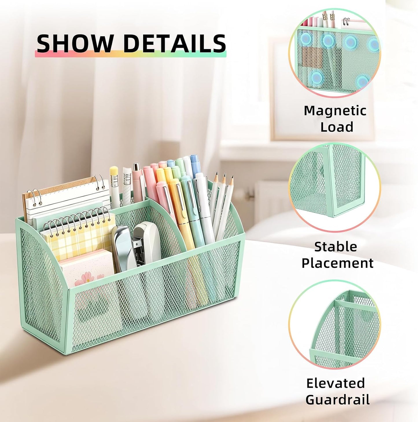 Magnetic Pencil Holder, Magnetic Organizer for Locker Accessories, Black | Mesh Marker Holder with Strong Magnets and 3 Compartments for Whiteboards Refrigerators and Magnetic Lockers