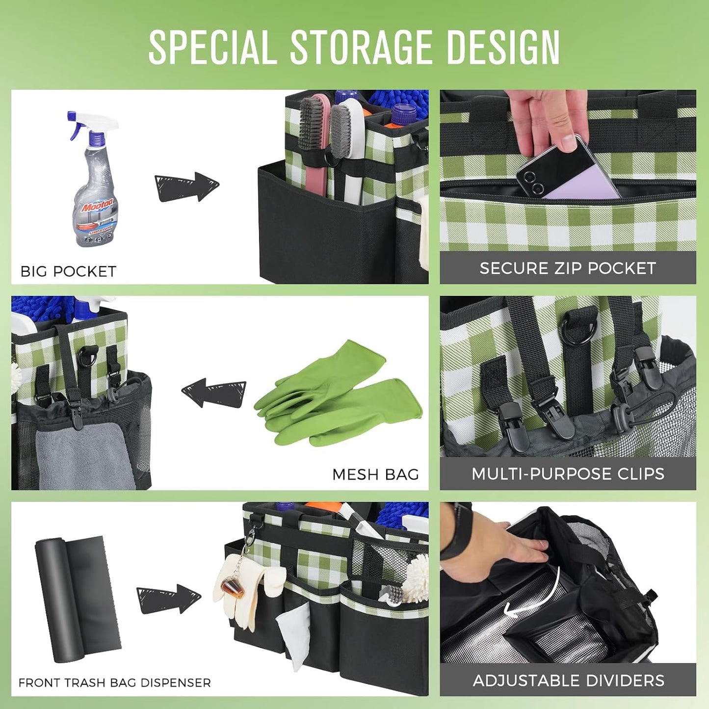 SCAVATA Wearable Cleaning Caddy, Cleaning Caddy Supplies Organizer with Handle & Shoulder Straps for Housekeepers, Under Sink & Car Cleaning Tool Organizers Bag with 4 Foldable Divider (NavyBlue)