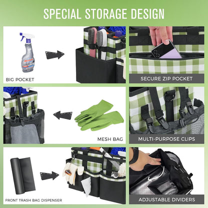 SCAVATA Wearable Cleaning Caddy, Cleaning Caddy Supplies Organizer with Handle & Shoulder Straps for Housekeepers, Under Sink & Car Cleaning Tool Organizers Bag with 4 Foldable Divider (NavyBlue)