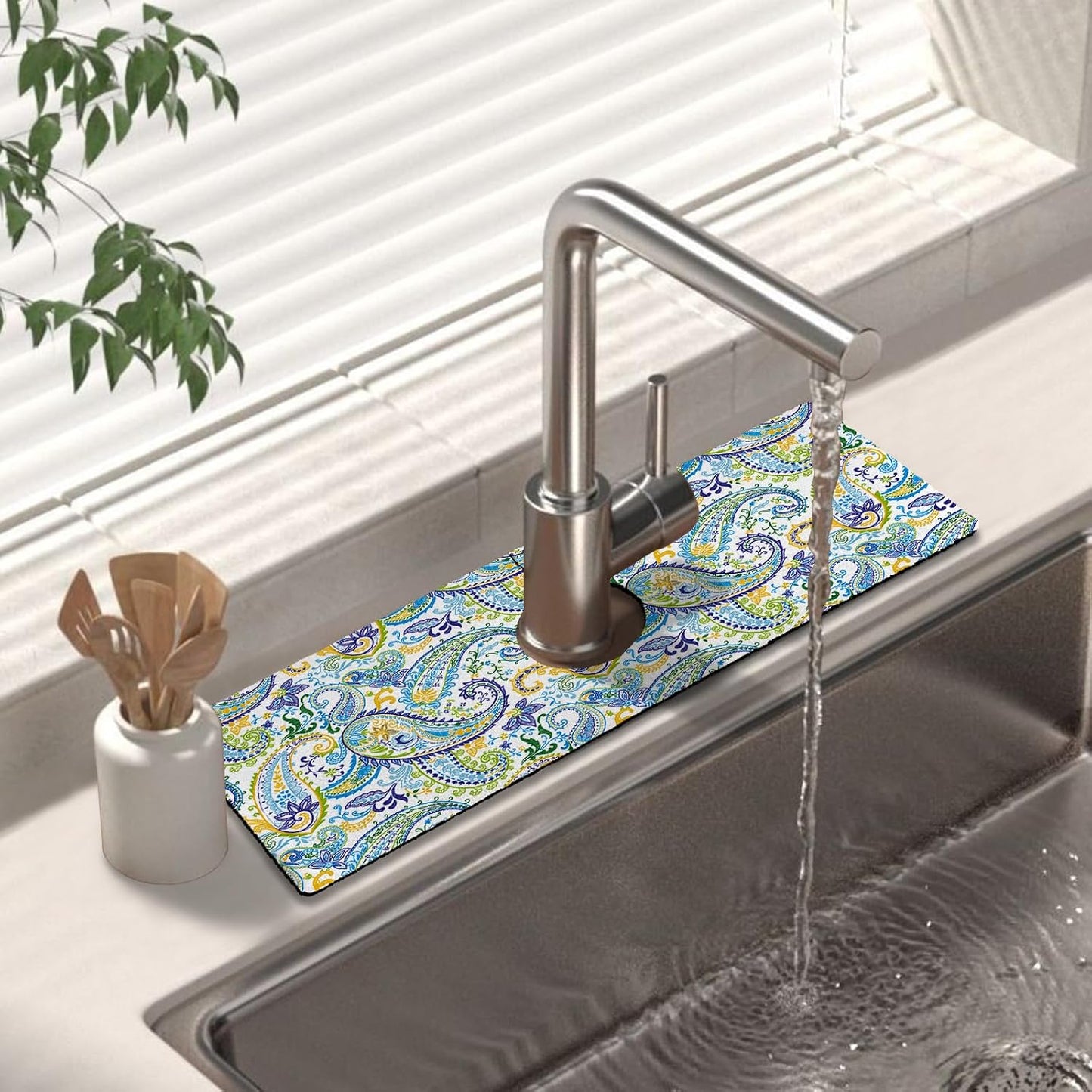 Kitchen Sink Splash Guard Faucet Mat 24" X 5.5" Tropical Leavesl Absorbent Fast Drying Mat Faucet Draining Mat Sink Splash Guard Behind Faucet Drip Catcher for Kitchen Bathroom