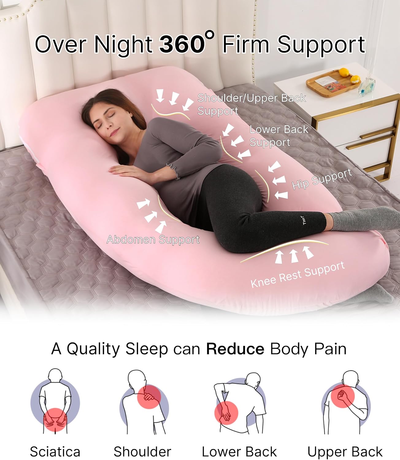 ALLOPERA Pregnancy Pillows for Sleeping, 57-Inch U-Shaped Full Body Maternity Pillow with Adjustable Fill and Removable Washable Cover, Back, Belly, Hip and Leg Support for Pregnant Women, Black Grey