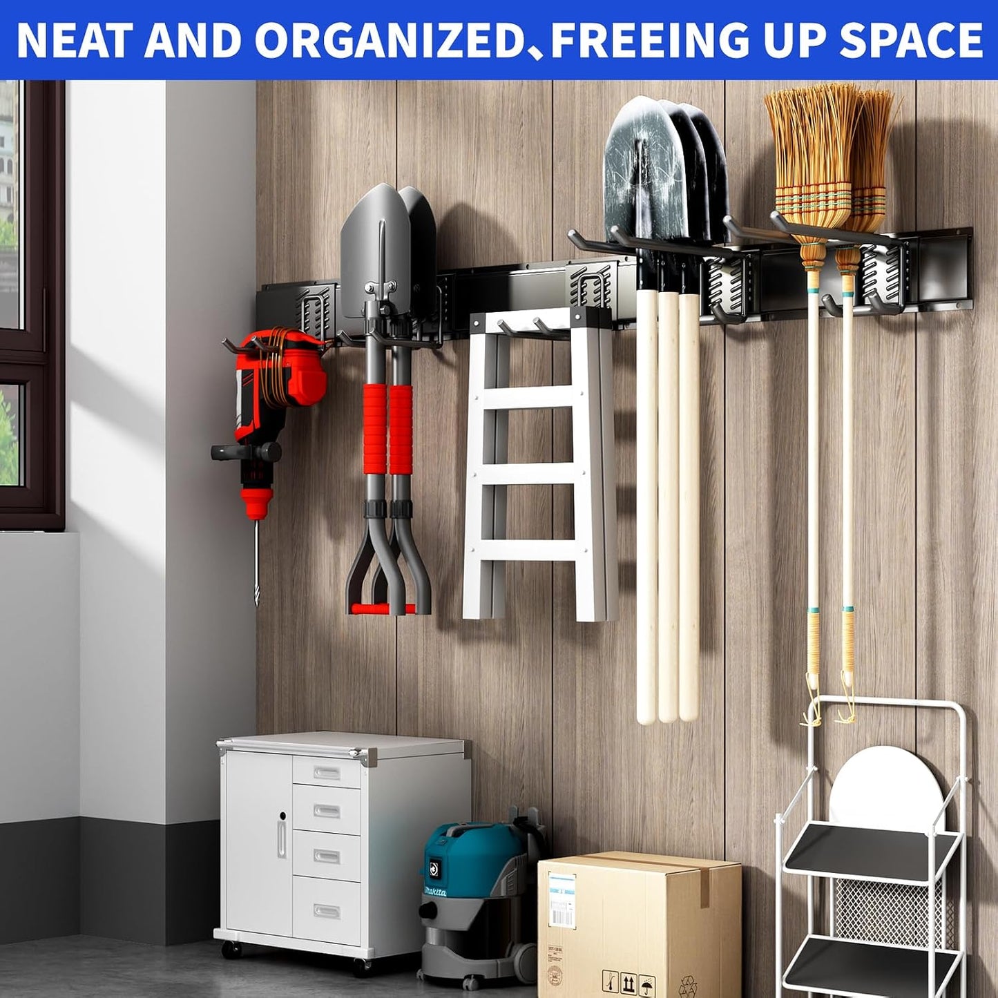 Garage Tool Organizer Wall Mount, 48 Inch Heavy Duty Garden Tool Organizer Storage System, Easy Install with 6 Adjustable Straight Hooks, for Garage, Basement, Shed, Workshop, Black, Steel