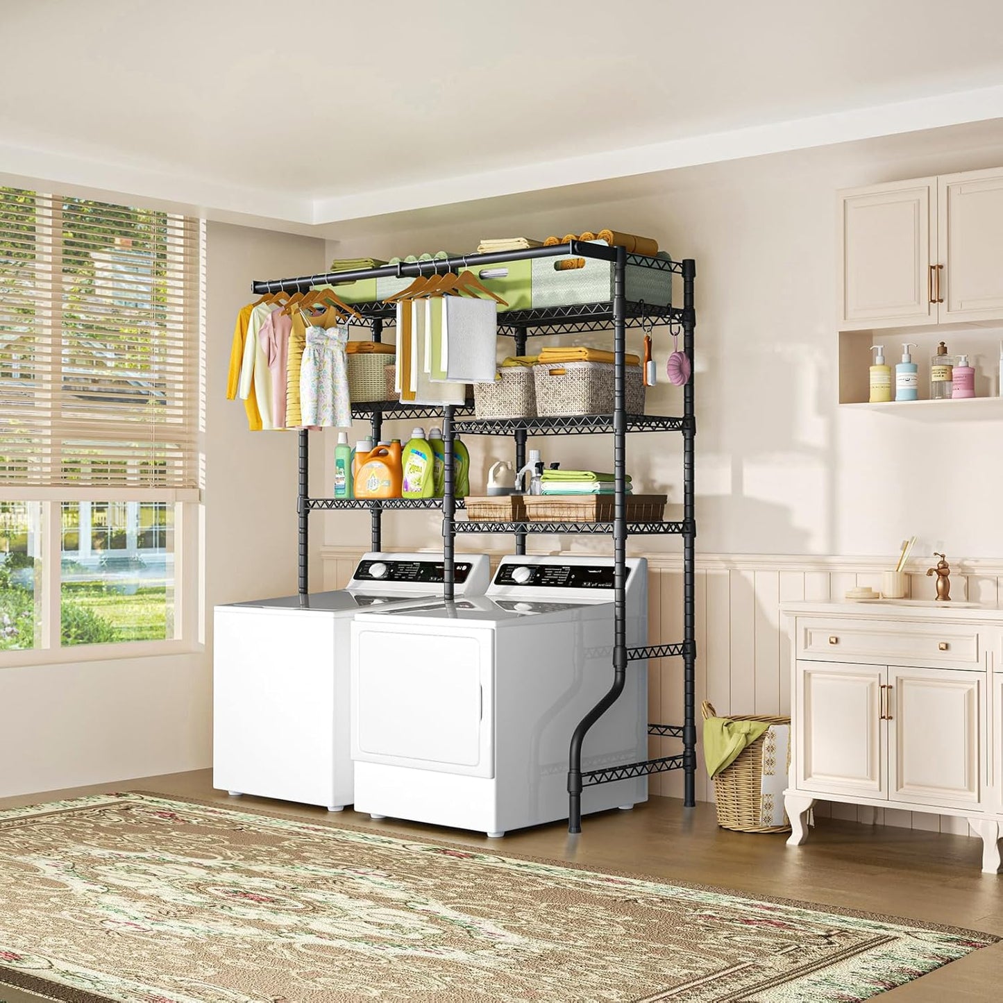 U13 Medium Over Washer and Dryer Storage Shelves, 6 Tiers Laundry Rack | Metal Clothes Drying Rack Space Saver with 2 Hanger Rods and Hooks, Laundry Room Standing Shelf Above Washer Dryer, White