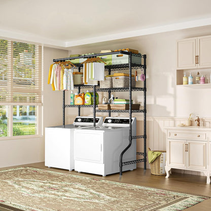 U13 Medium Over Washer and Dryer Storage Shelves, 6 Tiers Laundry Rack | Metal Clothes Drying Rack Space Saver with 2 Hanger Rods and Hooks, Laundry Room Standing Shelf Above Washer Dryer, White