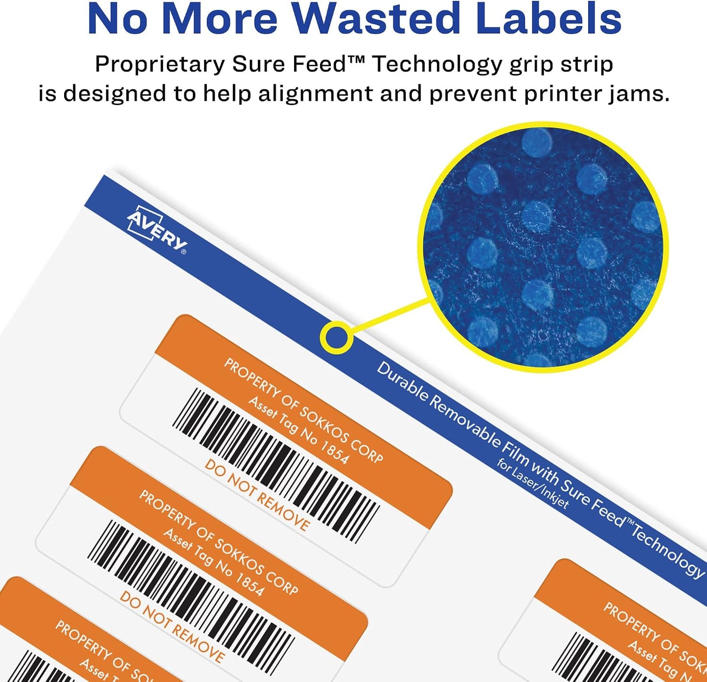 Avery® Durable Removable Rectangle Labels, Sure Feed® Technology, 1" x 2-5/8", Matte White Film, Water-Resistant, Print-to-The-Edge, Laser/Pigment-Based Inkjet Printable, 128 Total