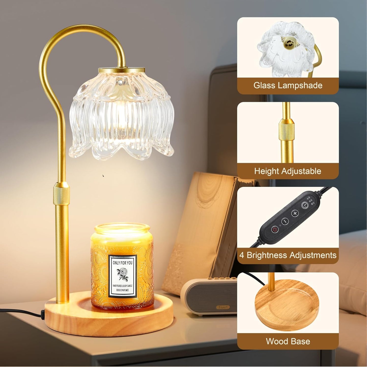 Dreamholder Electric Candle Warmer Lamp with Timer & Dimmer, Adjustable Height Wax Melt Warmer for Jar Candles, Wood Base Candle Melter, Floral Home Decor Gifts for Women, Mom, Natural Wood