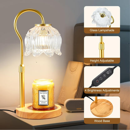 Dreamholder Electric Candle Warmer Lamp with Timer & Dimmer, Adjustable Height Wax Melt Warmer for Jar Candles, Wood Base Candle Melter, Floral Home Decor Gifts for Women, Mom, Natural Wood
