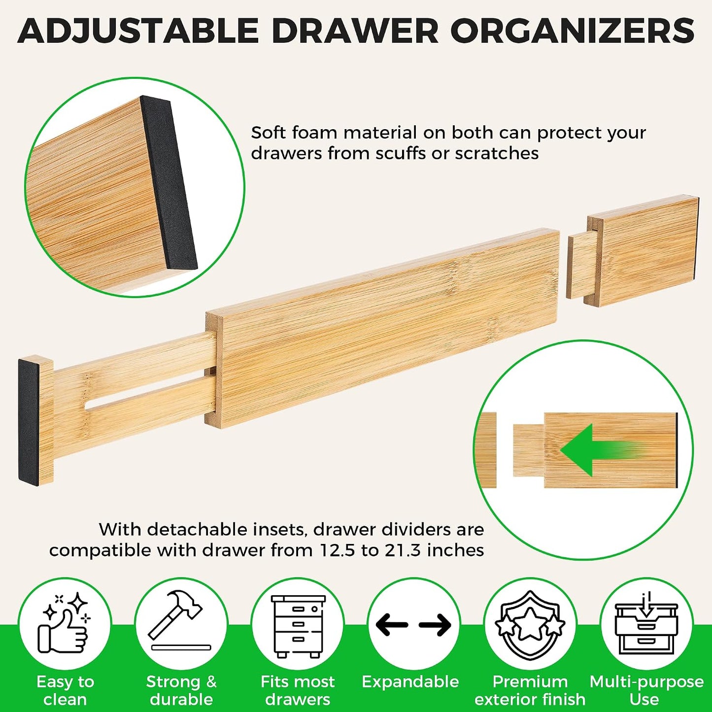 4 Pack Bamboo Drawer Dividers Organizer with Inserts 2.6'' High | Expandable from 12.5-21.7", Adjustable Drawer Organizer Separators for Utensils, Clothing, Office, Dresser, Bedroom, (Beige)