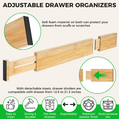 4 Pack Bamboo Drawer Dividers Organizer with Inserts 2.6'' High | Expandable from 12.5-21.7", Adjustable Drawer Organizer Separators for Utensils, Clothing, Office, Dresser, Bedroom, (Beige)