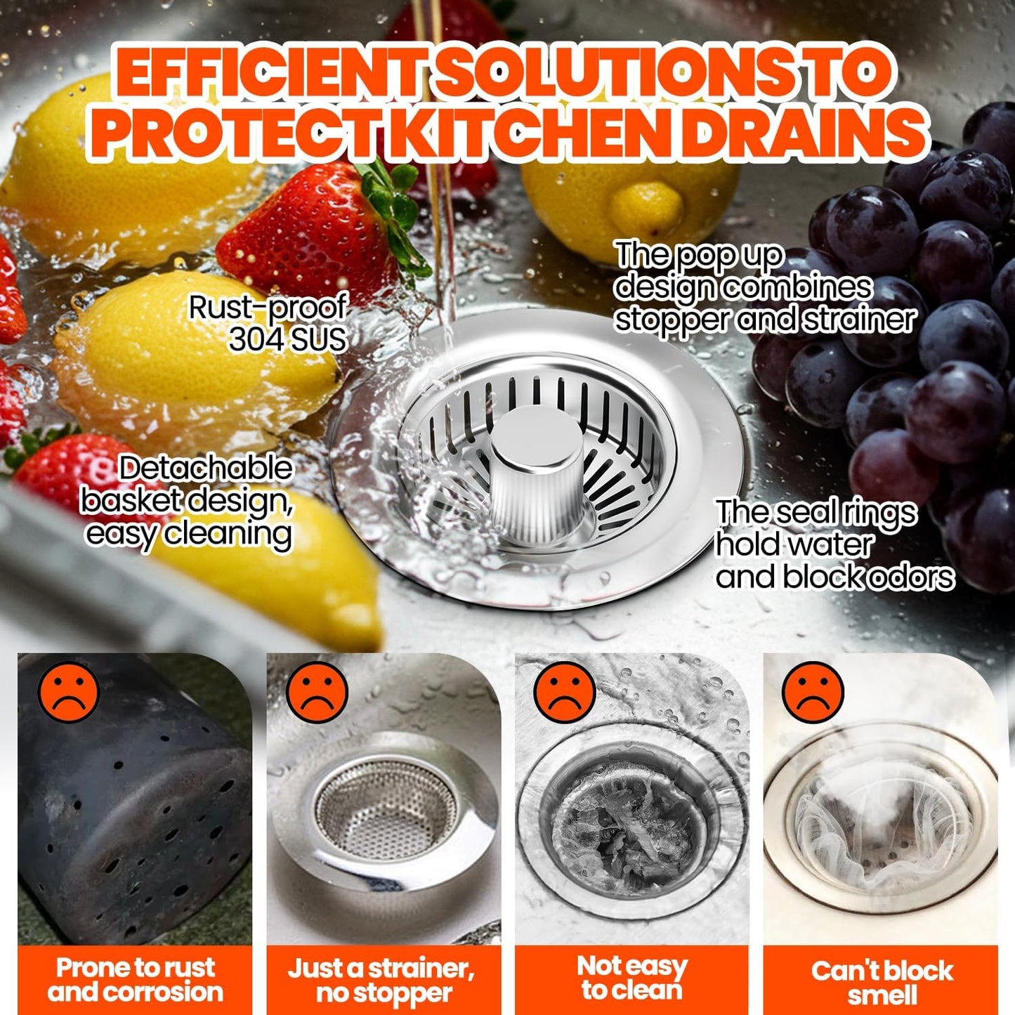 3 in 1 Kitchen Sink Drain Strainer Stopper Basket Pop Up Silver | Kitchen Sink Accessories Strainer Basket 2 Pack Silver,Stainless Steel Anti-Clog Catcher, Odor-Blocking Seal Fits 3.5" Drain