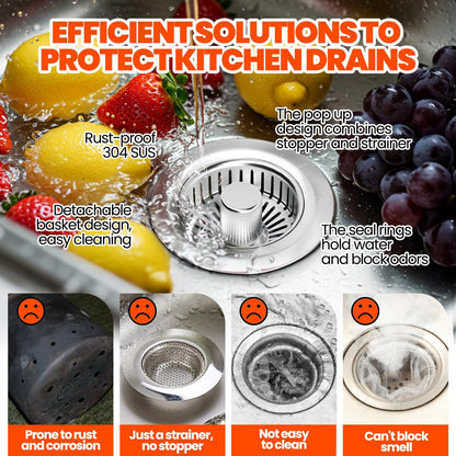 3 in 1 Kitchen Sink Drain Strainer Stopper Basket Pop Up Silver | Kitchen Sink Accessories Strainer Basket 2 Pack Silver,Stainless Steel Anti-Clog Catcher, Odor-Blocking Seal Fits 3.5" Drain