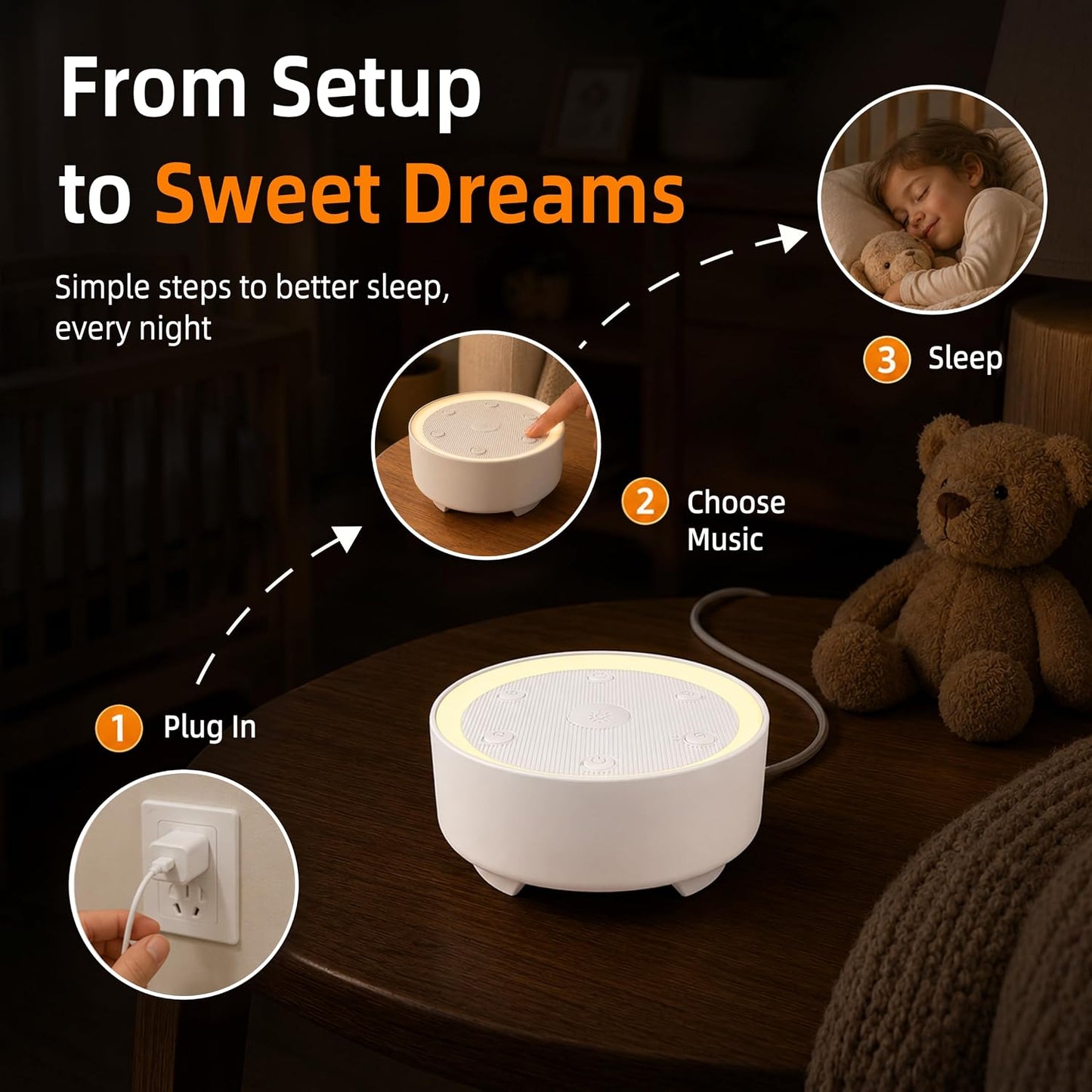 Kipcush White Noise Machine for Sleeping, Baby & Adults, High-Fidelity Non-Looping Sounds, Sleep Sound Machine with Dimmable Night Light, USB Powered, Memory Function, Home, Nursery & Travel