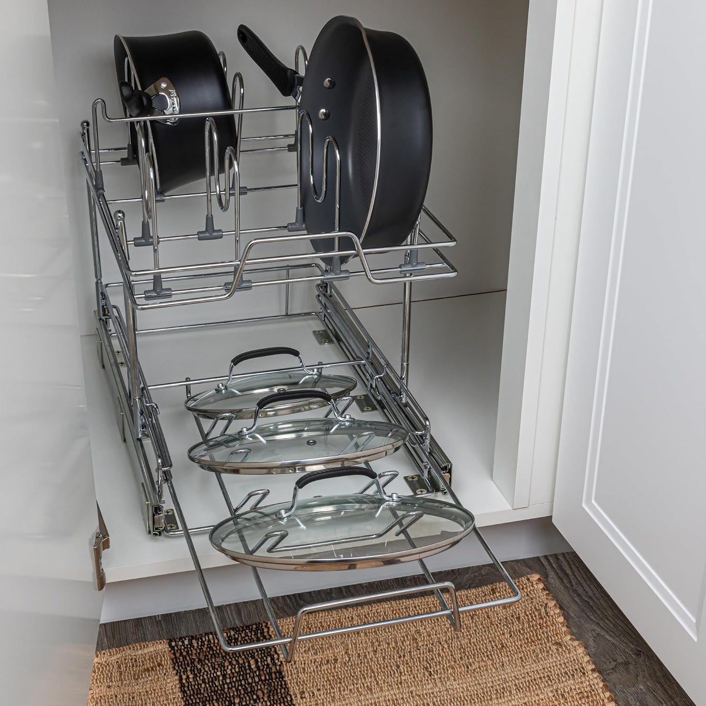 Household Essentials Glidez Multipurpose Chrome-Plated Steel Pull-Out/Slide-Out Storage Organizer for Cookware and Bakeware - 2-Tier Design - Fits Standard Size Cabinet or Shelf, Chrome