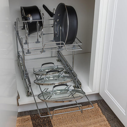 Household Essentials Glidez Multipurpose Chrome-Plated Steel Pull-Out/Slide-Out Storage Organizer for Cookware and Bakeware - 2-Tier Design - Fits Standard Size Cabinet or Shelf, Chrome