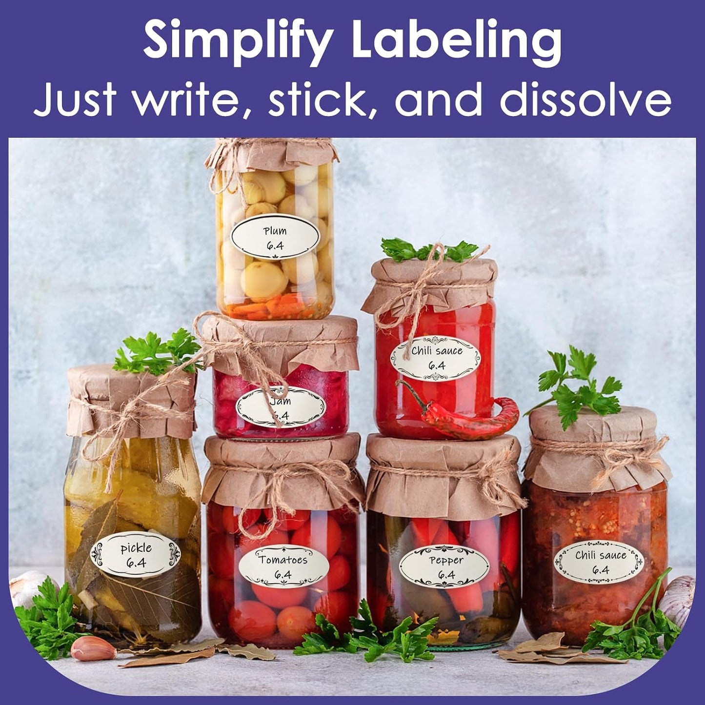 DGBDPACK Water Soluble Canning Labels, 1 x 2 1/8 in for Mason Jars 200 Pack | 200 stickers with 8 decorative designs, fully dissolvable in water, pickles, mason jars.
