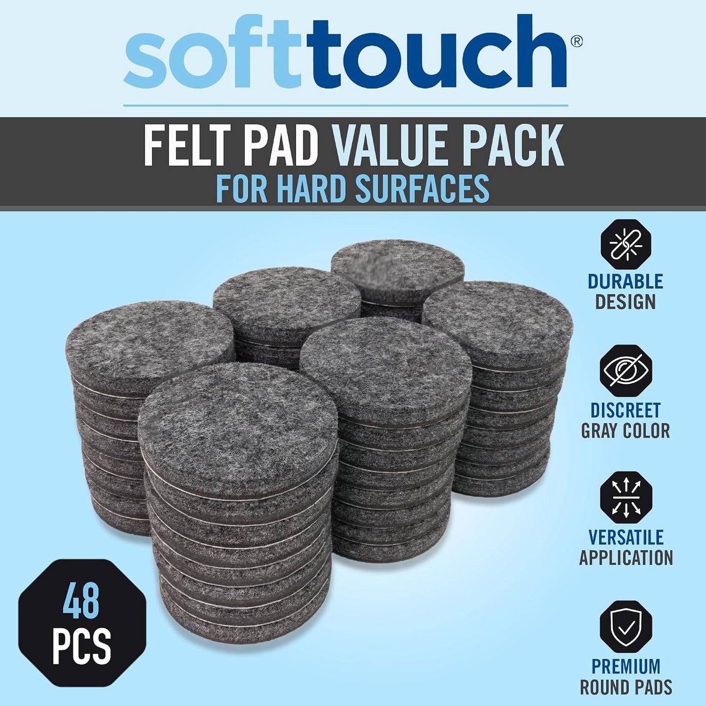 SoftTouch Assorted Size Round Mini Self-Stick Furniture Slider Felt Pads for Hard Surfaces, Noise-Reducing Adhesive Furniture Moving Pads for Beds, Sofas, Dressers, 46-Count, Brown