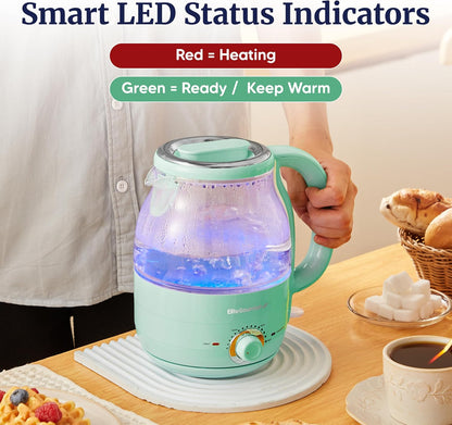 Elite Gourmet 1.2L Glass Kettle, 1200W Fast Boil, Temp Control, Mint | BPA-Free Borosilicate Glass, Keep Warm Function, Auto Shut-Off & Boil-Dry Protection, 360° Cordless Base