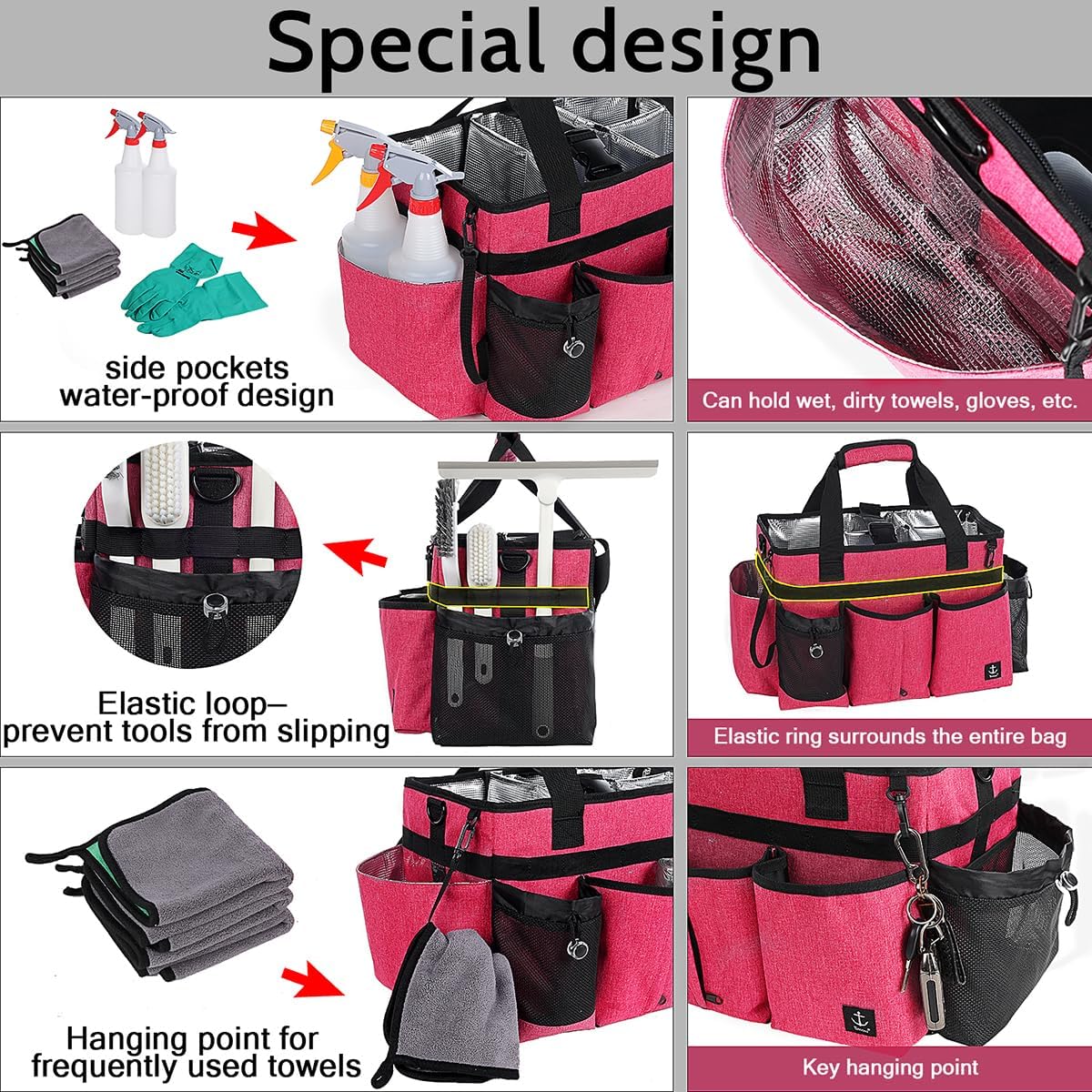 Large Cleaning Caddy Bag Built-in hard plastic sheet Aluminum foil lining | Waterproof nylon, aluminum foil lining, detachable dividers, dual straps for housekeepers