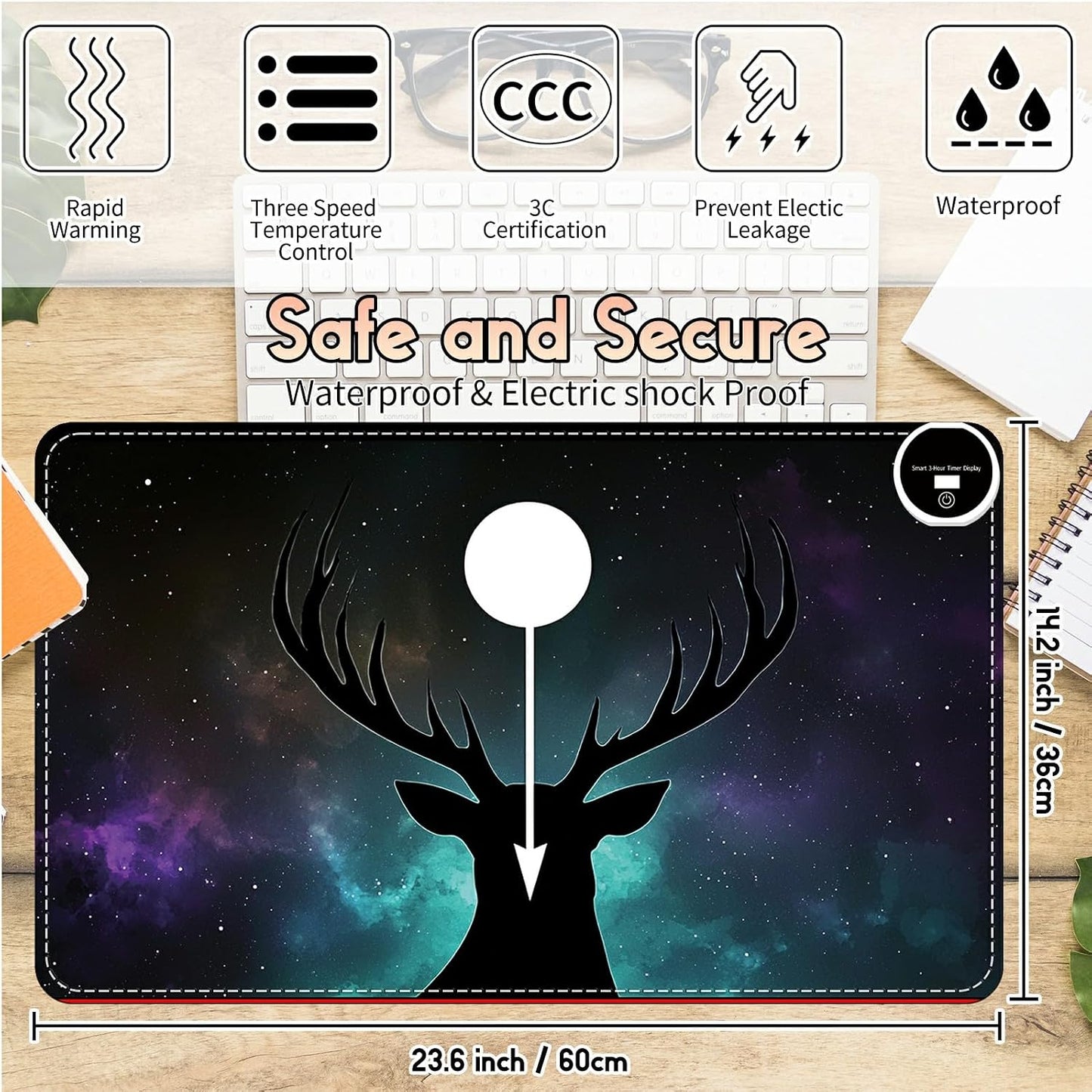 Heated Desk Pad Heated Large Mouse Pad, Electric Quickly Warm Desk Mat with 3 Levels Heating 3 Hours Auto Shut-Off, 31.5" x 13" Warm Gaming Mousepad Hand Foot Warmer, Baby Elephant