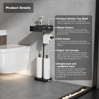 VOLDRA Toilet Paper Holder with Shelf Black Wipes Dispenser for Bathroom Toilet Paper Holder with Storage Upgrade Drawer Design Toilet Tissue Holder Adhesive Small Bathroom Shelf Wall Mount